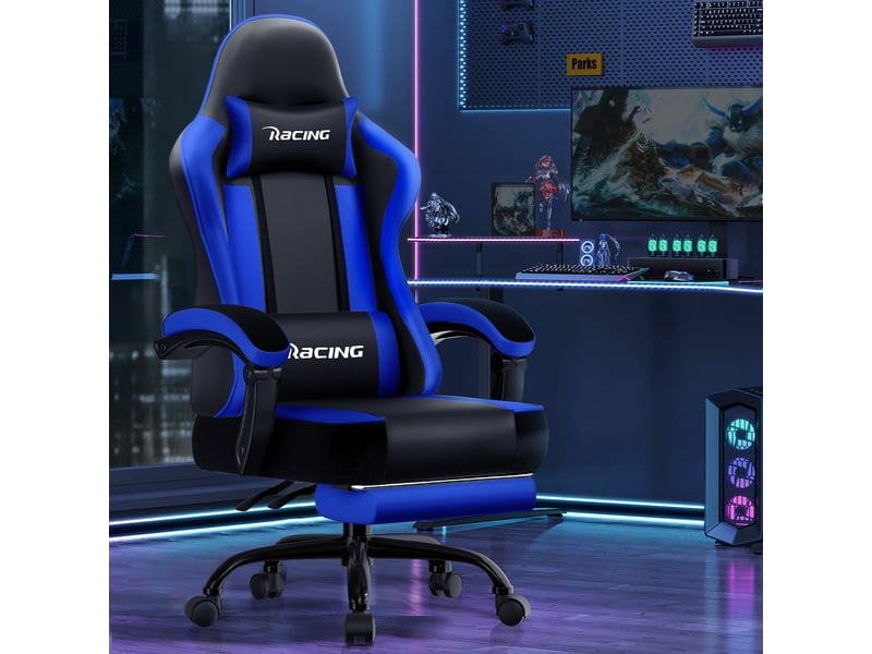  Chaise gaming, fauteuil de bureau ergonomique avec repose-pieds télescopique, chaise bureau avec appui-tête et soutien lombaire, fauteuil gaming ergonomique 150 kg, réglable en hauteur, bleu  - Conforama B