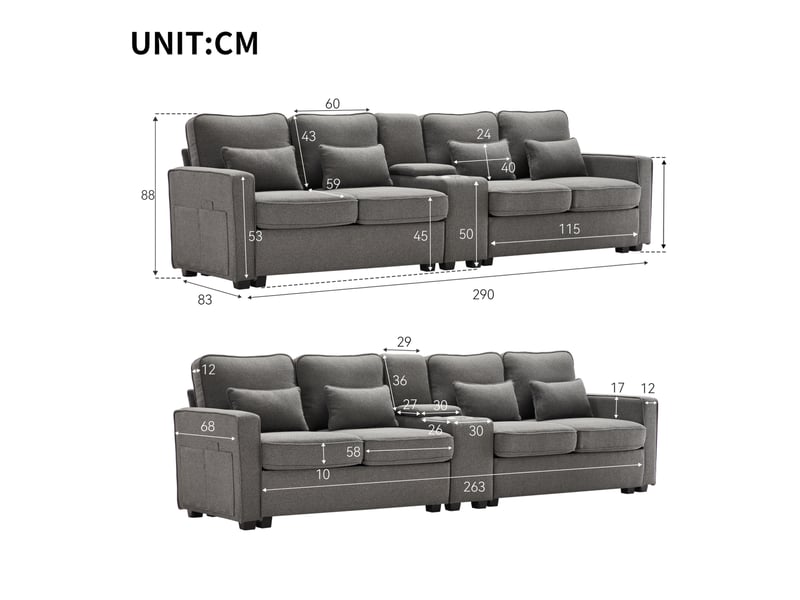  Canapé 4 places 290x83x88cm, poches de rangement, ports usb avec câbles, 2 portes-boissons et 4 coussins, lin gris foncé  - Conforama C