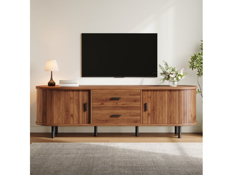 Meuble tv avec 2 portes coulissantes, 2 tiroirs et rangements ouverts, pour salon, noyer, 150 × 40 × 55 cm  - Conforama B
