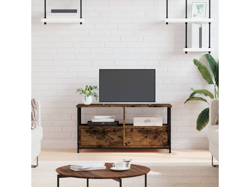  Meuble tv - banc tv - meuble de rangement chêne fumé 90x33x45 cm bois d'ingénierie et fer  - Conforama B