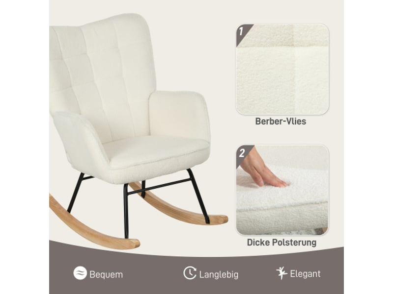  Fauteuil à bascule blanc en tissu bouclé, accoudoirs, patins en bois, rembourré, charge 120 kg  - Conforama E