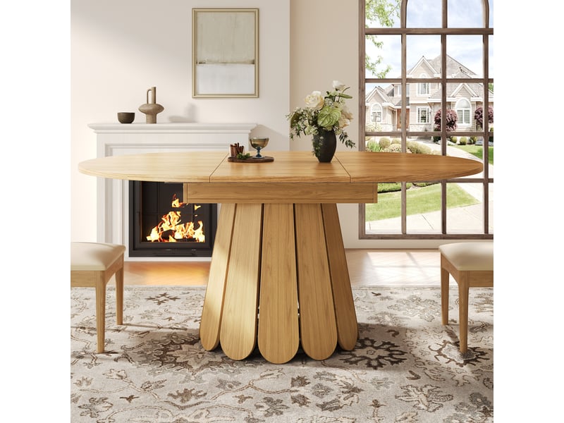  Table à manger extensible 118-158 cm ronde, table de salle à manger en bois, jusqu'à 6 personnes  - Conforama D