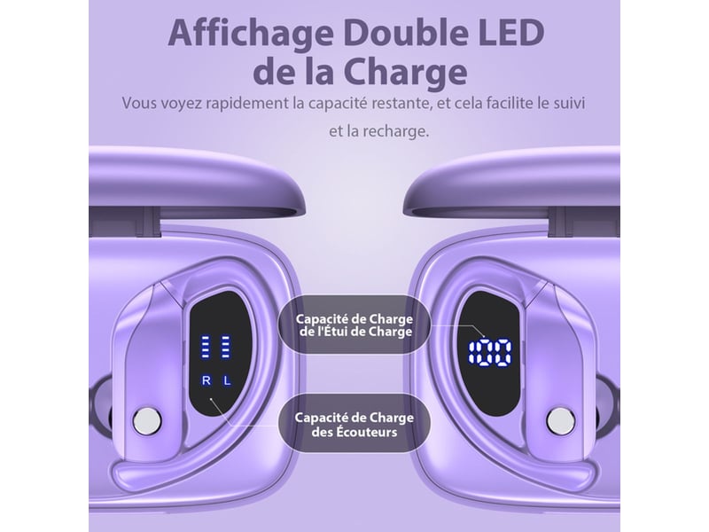 Ecouteurs sans fil sport bluetooth 5.1 violet intra-auriculaires avec micro et boîtier de charge - Conforama B