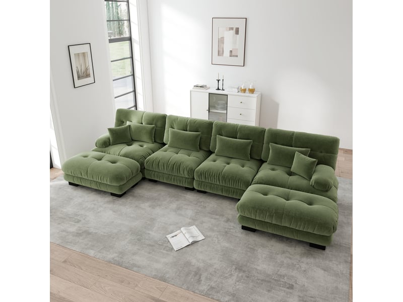  Canapé d'angle modulable ulevr 4 places, configuration uldroite, ottomans mobiles, chenille vert, 406 x 145 x 81 cm  - Conforama B