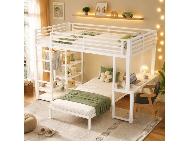 Lit mezzanine simple 90×200 cm avec bureau, étagères et rangement - okmyhome- métal mdf blanc, sans matelas - Conforama B