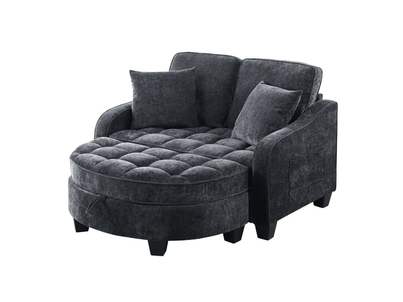 Canapé convertible 2 en 1 noir avec pouf de rangement, tissu chenille et bois d’eucalyptus, gain de place - Conforama A