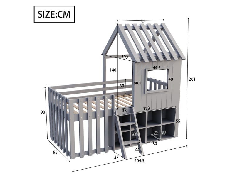  Lit avec rangement enfant 90x200 cm, étagère, toit, fenêtre, escalier, sommier, bois gris, sans matelas  - Conforama C