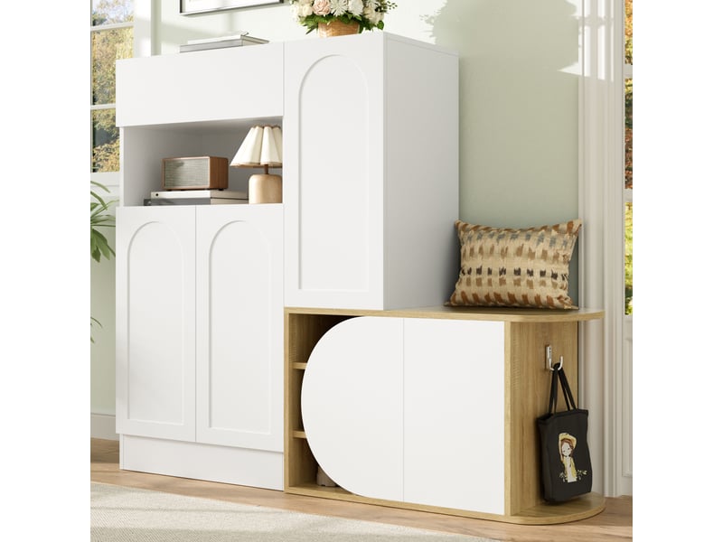  Meuble à chaussures avec banc intégré, 1 tiroir 5 portes, mdf blanc bois, 130x35x110,5 cm  - Conforama R