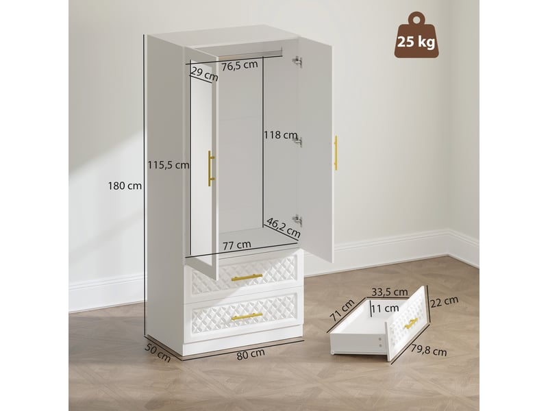  Armoire chambre penderie avec miroir, 2 tiroirs, 2 portes et barre de suspension, 80 x 50 x 180 cm, blanc  - Conforama C