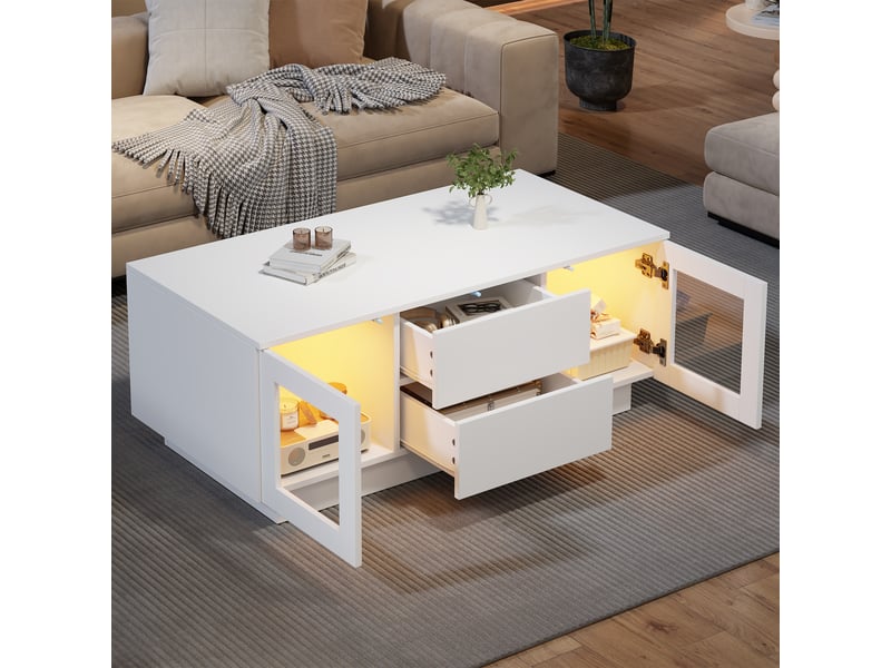  Table basse de salon rectangulaire 100x50x40 cm avec rangement, 2 tiroirs, 2 portes et éclairage led intégré, design moderne en mdf - blanc  - Conforama E