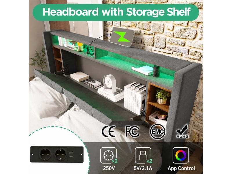  Lit rembourré gris 160 x 200 cm avec tête de lit à rangement, usb et led  - Conforama D