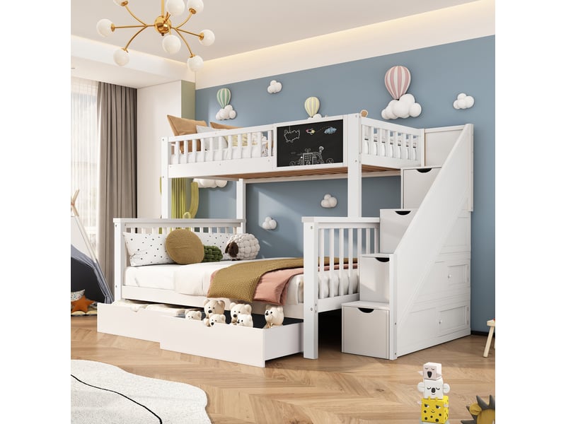  Lit superposé enfant 90x200 + 140x200 cm - avec rangement et tableau - sans matelas - blanc  - Conforama D