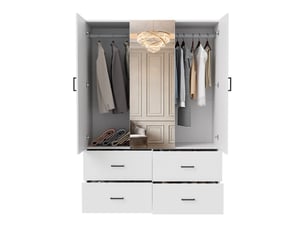 Armoire de chambre blanche avec miroir et 4 tiroirs, adulte penderie chambre dressing avec 2 portes vestiaire garde-robe rangement vêtements, lxhxp : env. 130x181.5x51.8 cm