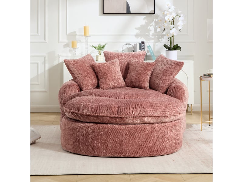 Canapé droit d'appoint à assise ronde surdimensionnée, mousse polyester moelleux, assise ajustable, coussin inclus, 190.5×138×63 cm, rose - Conforama R