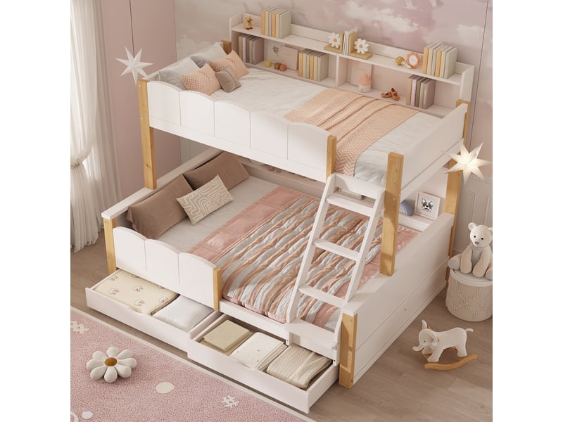  Lit superposé enfant 90x200 cm et 140x200 cm avec 2 tiroirs et étagères, bois et mdf, blanc et aspect chêne, sans matelas  - Conforama D
