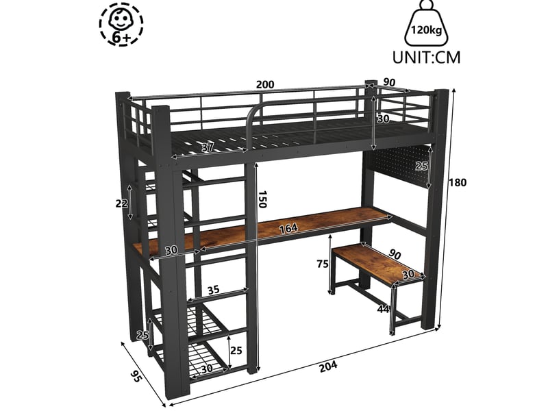  Lit mezzanine modenvie 90 x 200 cm en métal avec bureau, led, étagères, tringle de séchage, noir  - Conforama C