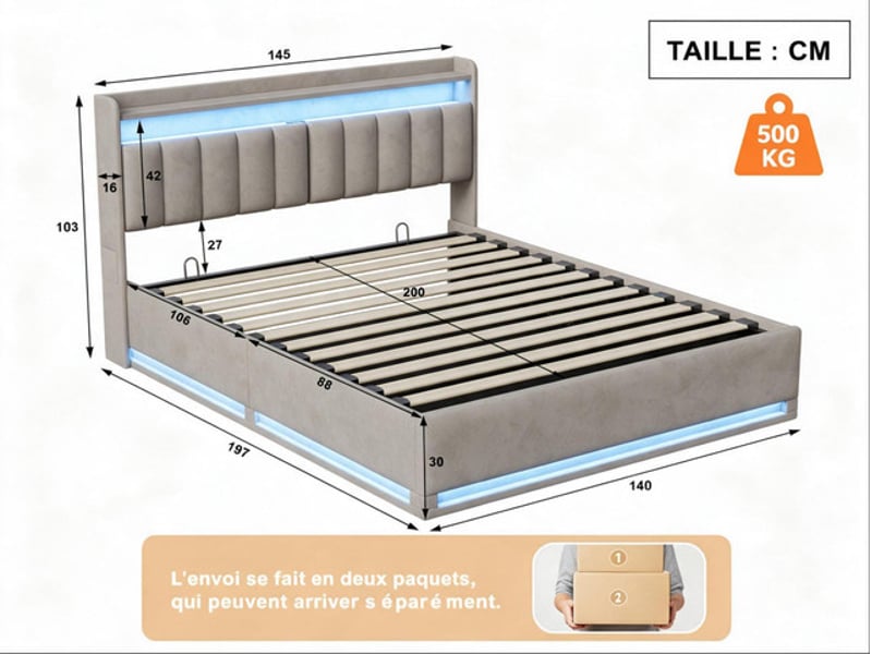 Lit coffre 140x190 cm ezssw, coloris gris - Conforama C