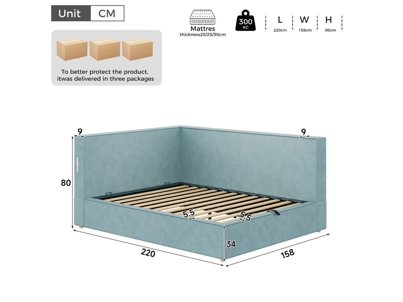  Lit coffre 140x200 cm, sommier à lattes, ouverture hydraulique, led, usb et usb-c, velours bleu, sans matelas  - Conforama C