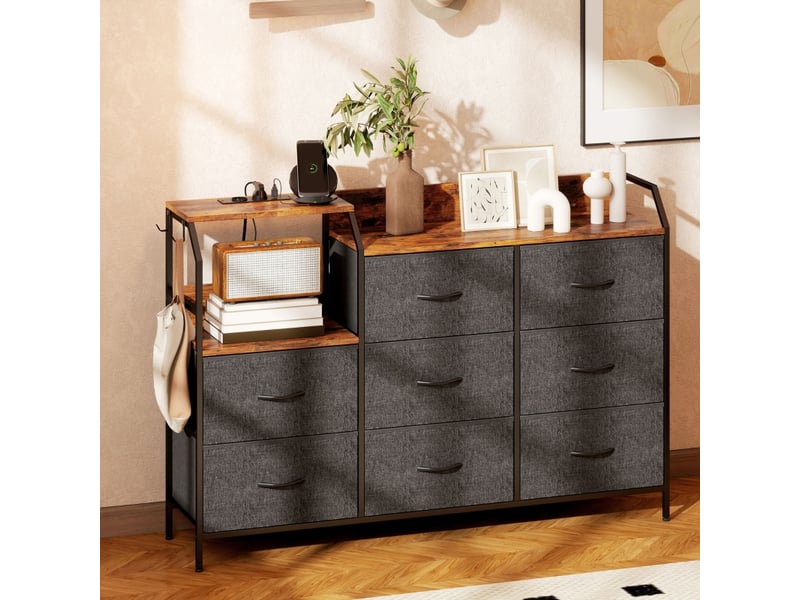  Commode 8 tiroirs en tissu avec station de charge - lpospi - étagère à niveaux, crochets, tissu marron rustique  - Conforama B