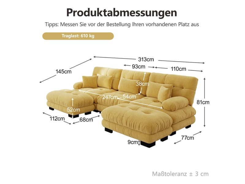  Canapé d'angle modulable ulevr panoramique u convertible 3 places 313 x 145 cm en chenille jaune avec ottomans  - Conforama C