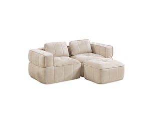 Canapé d'angle modulable 2 places en polyester, forme l avec pouf, beige