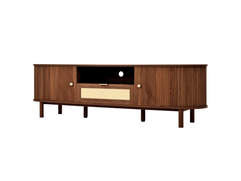  Meuble tv moderne en rotin avec tiroirs et casiers ouverts - plateau arrondi, pieds métal-bois, mobilier salon  - Conforama A