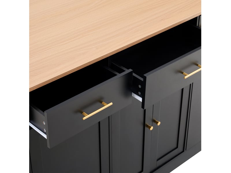  Îlot de cuisine avec plan rabattable, 120 cm, 2 tiroirs, compartiment à poubelle, étagère coulissante, noir et aspect bois  - Conforama E