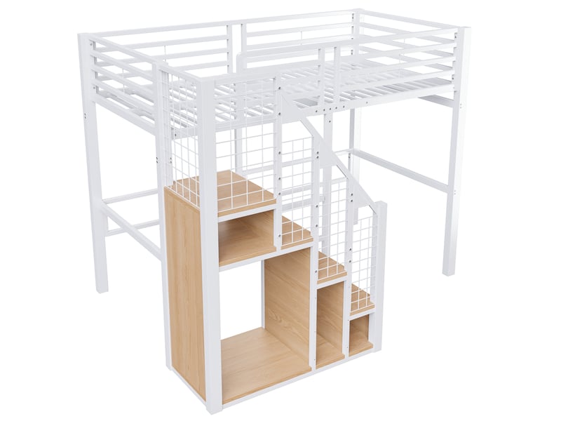  Lit mezzanine simple 90×200 cm avec rangement, penderie et barrière  - sans matelas, métal blanc  - Conforama E