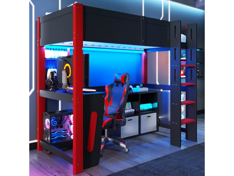  Lit mezzanine enfant 90x200 cm lit adolescent lit simple en bois avec bureau panneau perforé bande led barrières, noir  - Conforama E