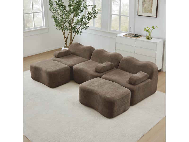 Canapé modulable ulevr 3 places en u avec 2 poufs, velours marron, assise profonde, 288 x 167 x 70 cm - Conforama D