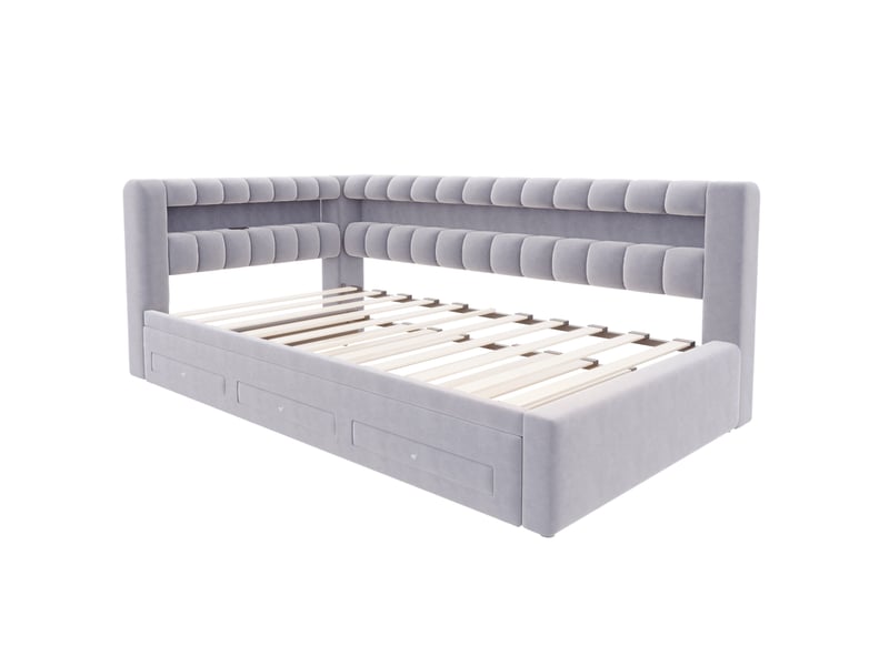  Lit gigogne 90x190 cm en velours gris clair avec led, usb et rangements, sans matelas  - Conforama R