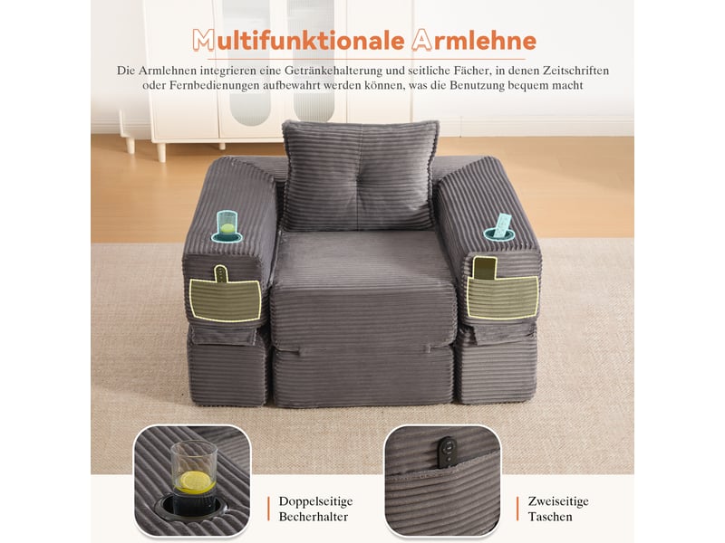  Canapé convertible 2 places en velours côtelé gris foncé avec porte-gobelet et poches latérales  - Conforama E