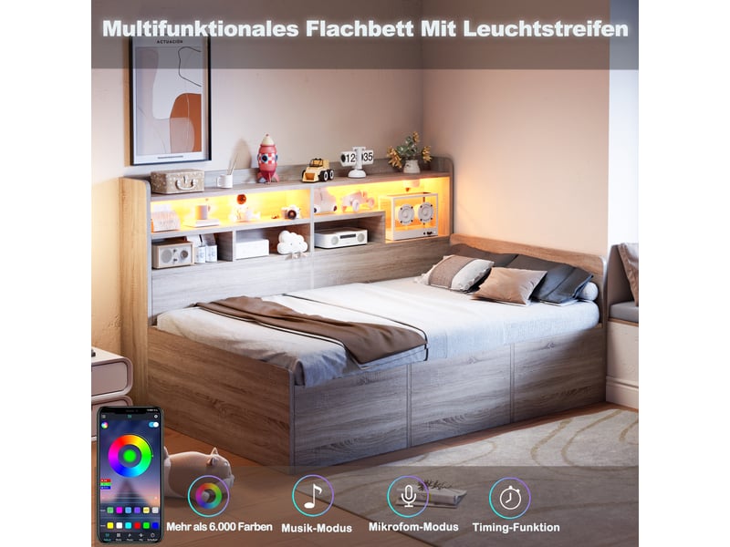  Lit banquette coffre 90x200 cm, banquette-lit, ouverture hydraulique, tête de lit avec rangement, éclairage led, mdf bois naturel OPULERANE TRADING LTD - Conforama E