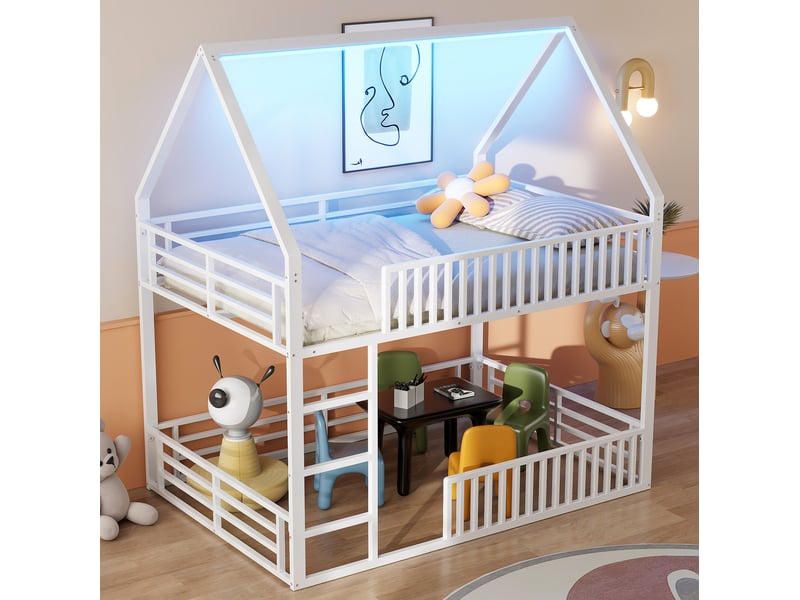 Lit superposé cabane 140x200 cm en métal blanc avec éclairage led  - Conforama E