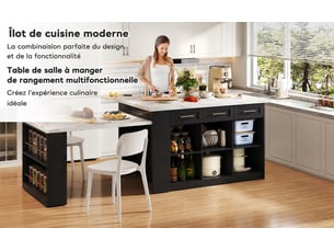 Îlot de cuisine avec table escamotable muvano, noir et effet marbre blanc, 150 × 90 × 90 cm