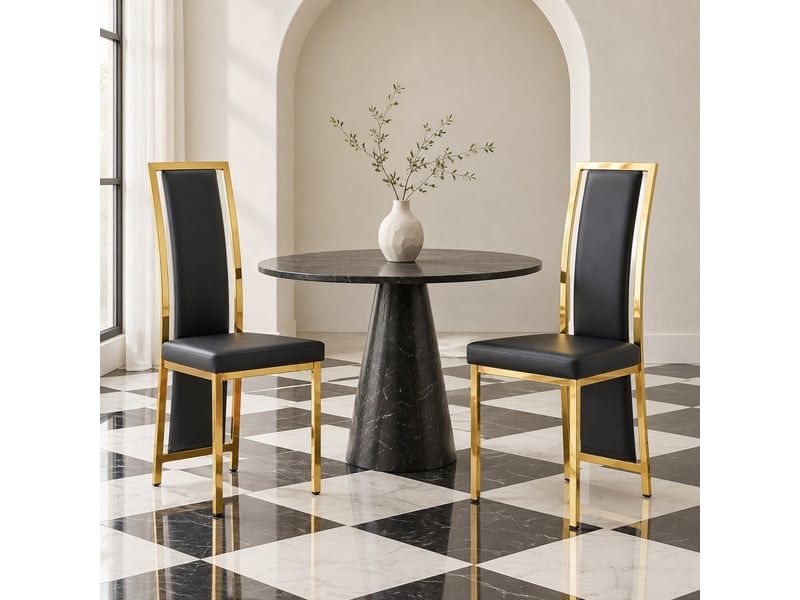  Lot de 2 chaises de salle à manger 109 cm, chaise cuisine, dossier incurvé, assise confort, moderne, métal doré, pu noir  - Conforama B