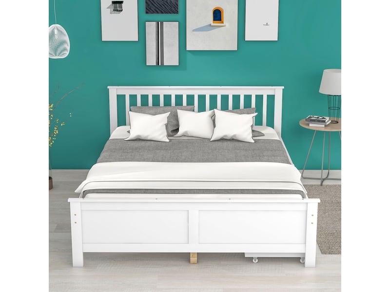  Lit double 140x200 cm avec 2 tiroirs de rangement intégrés – sans matelas – pin et mdf – blanc  - Conforama D