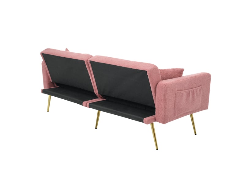  Canapé-lit 175x64x72 cm dossier réglable, poches latérales, pieds dorés, mousse, rose  - Conforama E