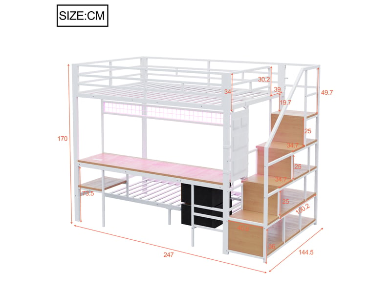  Lit mezzanine combiné 140x200 cm avec lit inférieur, bureau et led blanc  - Conforama C