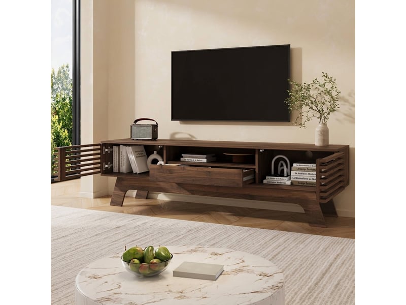  Meuble tv 165 cm mdf noyer avec 4 tiroirs et 2 portes coulissantes coins arrondis  - Conforama C