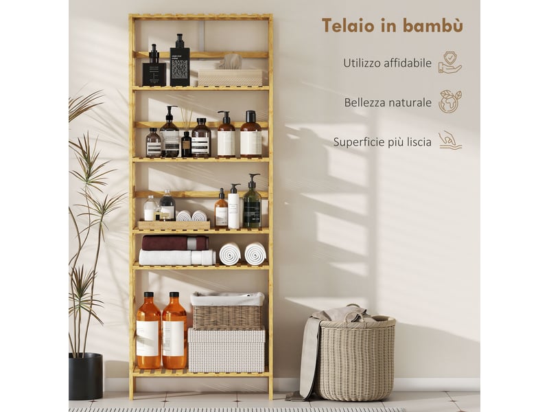  Bibliothèque en bambou à 6 niveaux avec étagères réglables, 60 x 26 x 161 cm, bois naturel  - Conforama E