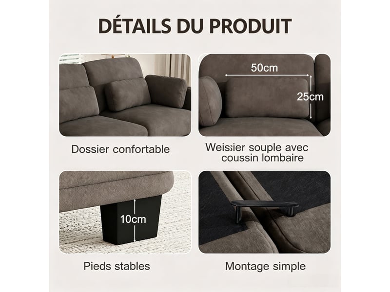 Canapé d’angle 3 places en l, modules combinables librement, revêtement en chenille, 1 ottomane, 253 × 143 × 88 cm, marron - Conforama E