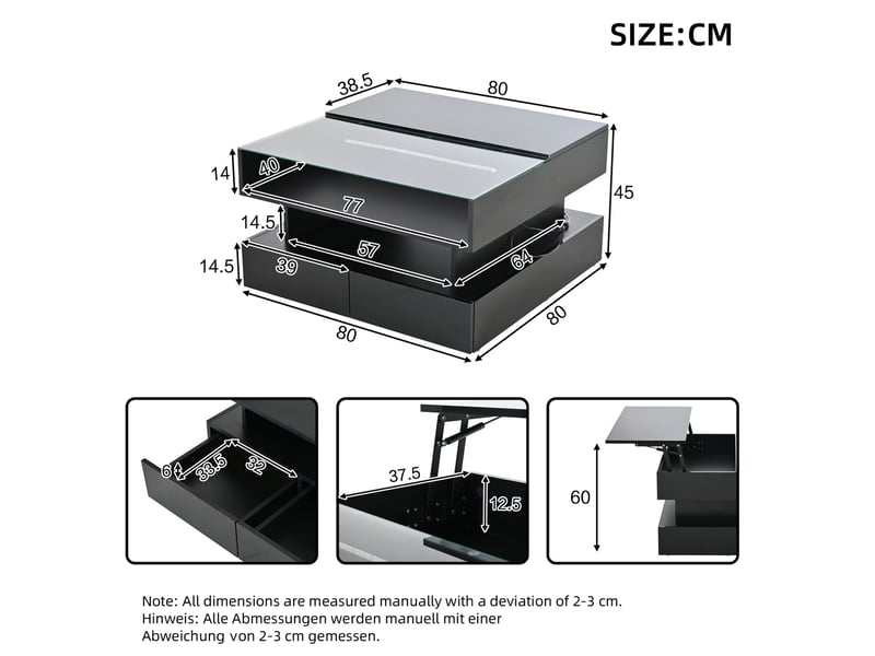  Table basse carrée relevable 80x45 cm, rangement, table d'appoint, led et 2 tiroirs, hauteur réglable, aggloméré, noir  - Conforama C