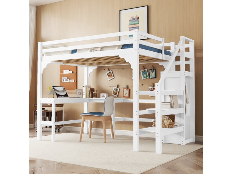  Lit mezzanine 140x200 cm - lit en bois junior avec bureau intégré et rangement ouvert - sans matelas - blanc  - Conforama B