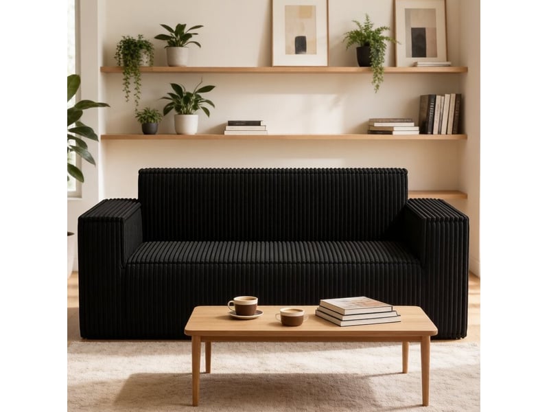  Canapé 2 places 178x86x70 cm noir en velours côtelé, assise profonde avec mousse et ressorts intégrés  - Conforama B