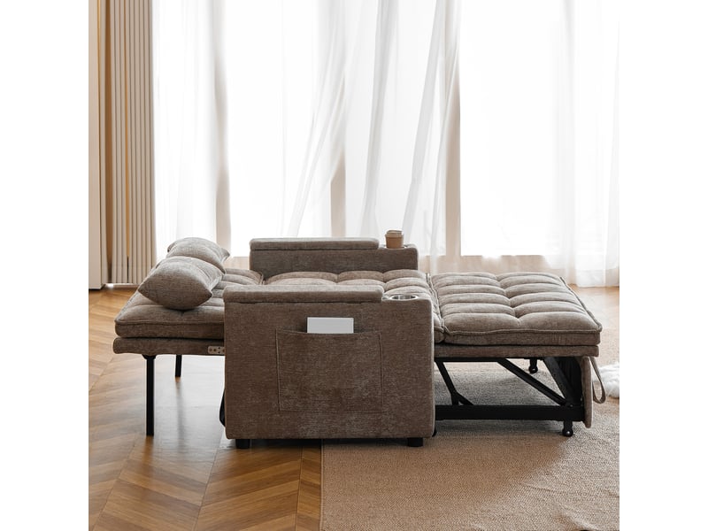  Canapé convertible 3 en 1 142 x 89 x 89 cm marron en chenille, rangement, porte-gobelets et couchage  - Conforama B