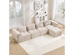 Canapé modulable, canapé 4 places, en tissu, beige, avec pouf, pour salon, mobilier pour espace de vie, adapté à l'espace de vie