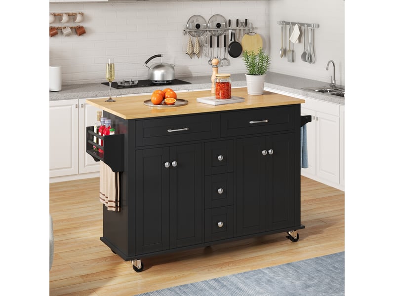  Desserte de cuisine 140x65x89 cm noire et naturelle avec plateau rabattable, 5 tiroirs  - Conforama E