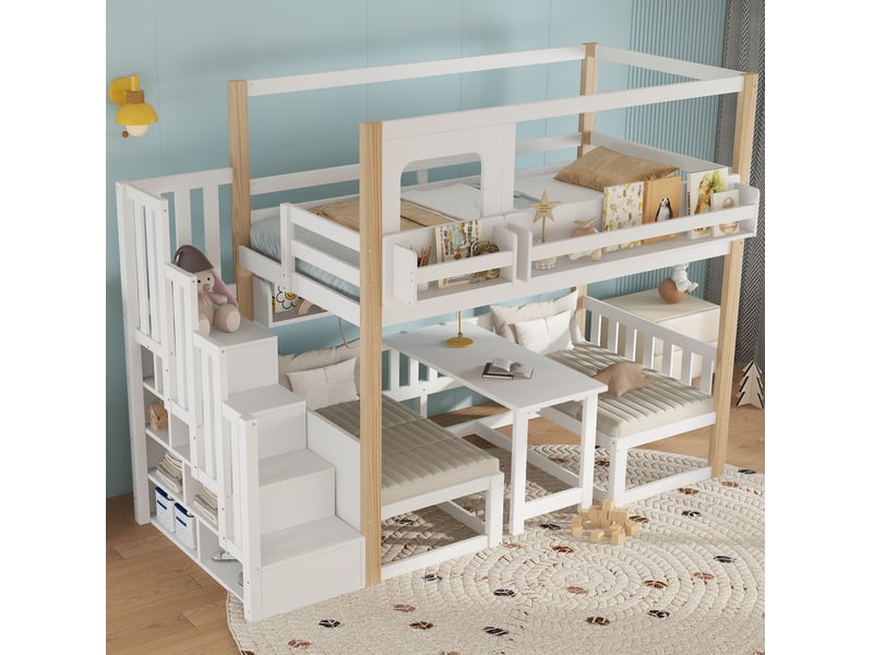 Lit superposé enfant 90 x 200 cm, bureau rabattable, escalier de rangement blanc naturel  - Conforama E