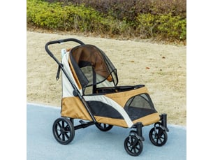 Poussette pliable pour enfant 124 x 67 x 100 cm – marron – 4 roues, frein et laisses de sécurité